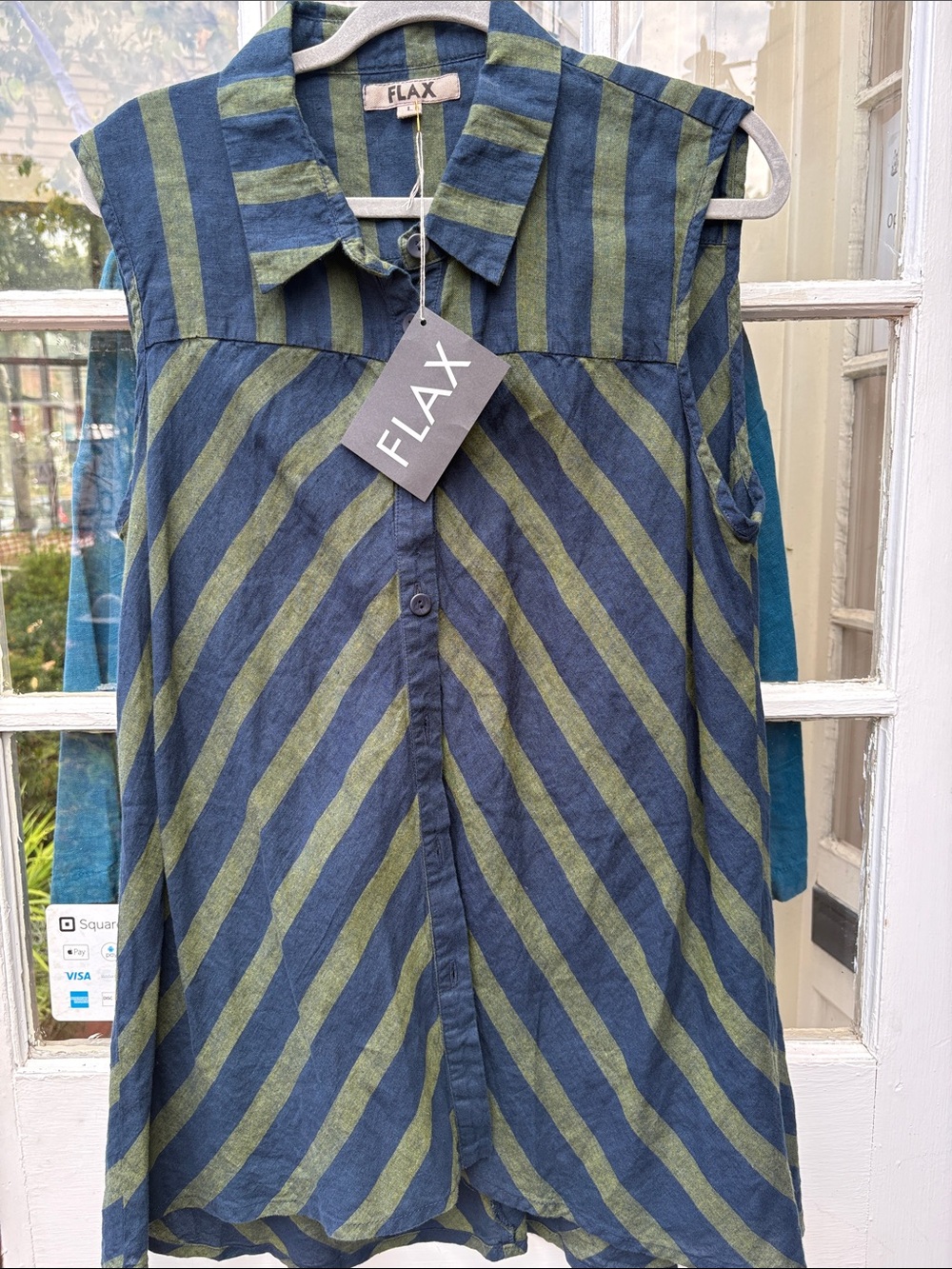 Flax Olive & Navy Striped Sleeveless Button-Down Shirt